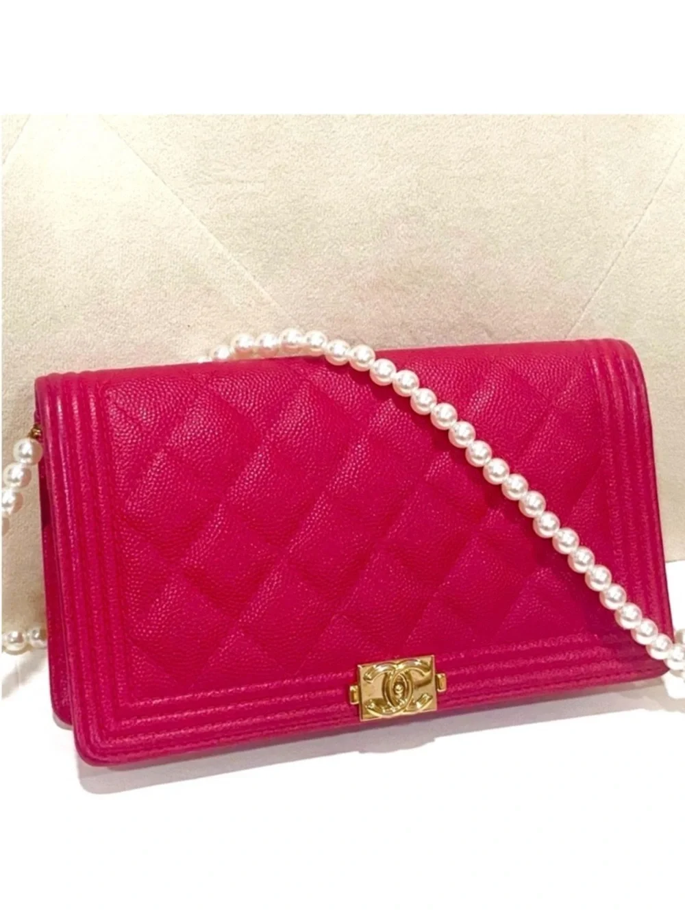 CHANEL Hot Pink Quilted Boy Flap with Pearl Chain and Gold Hardware